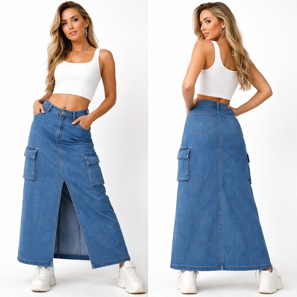 SCOOP Denim Cargo Maxi Skirt Womens 12 Blue Y2K Streetwear Baddie